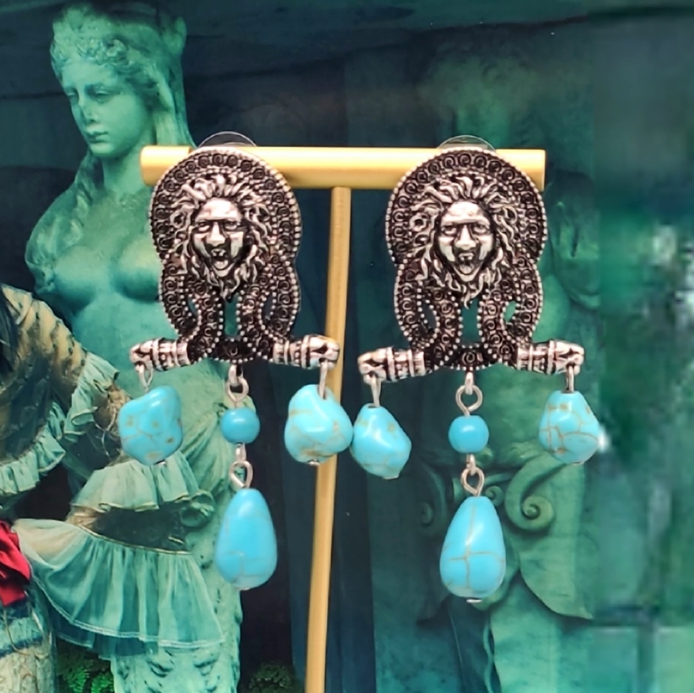 Vintage Estate Signed Versace Medusa Turquoise Silver Earrings